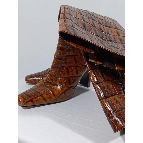 Via Spiga Boots Womens Size 8.5M Brown Croc Embossed Leather Block Heel Italy - Picture 5 of 9